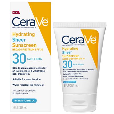 CeraVe Hydrating Sheer Sunscreen SPF 30 for Face and Body, Mineral &amp; Chemical Sunscreen with Zinc Oxide, Hyaluronic Acid, Niacinamides and Ceramides, Paraben Free Fragrance Free, 3 Ounces