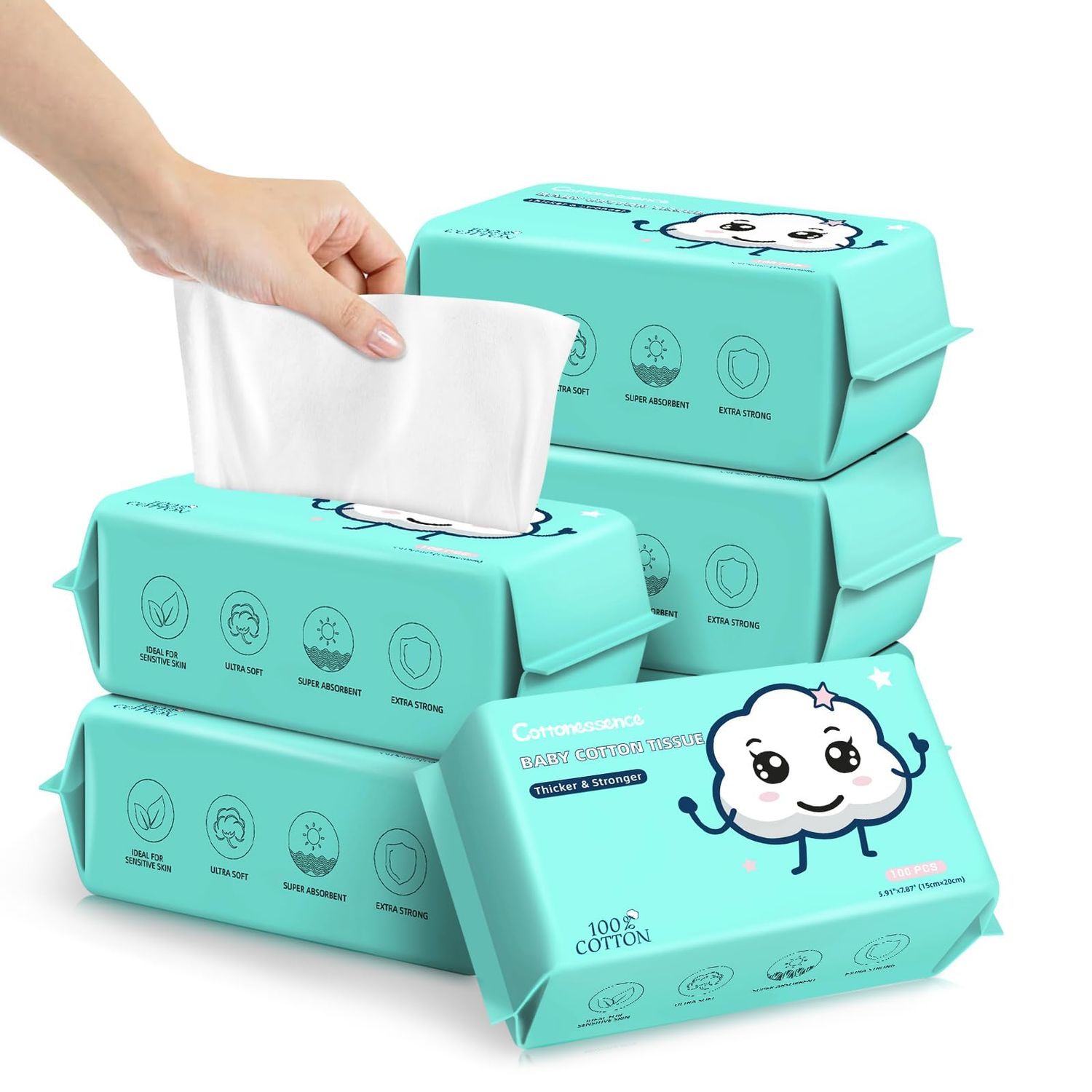 Disposable Face Towels - 100% Cotton Facial Tissues for Dry and Wet Use, Biodegradable Wipes for Makeup Removal and Skin Cleansing, Suitable for Adults and Babies (100 Count, Pack of 6)
