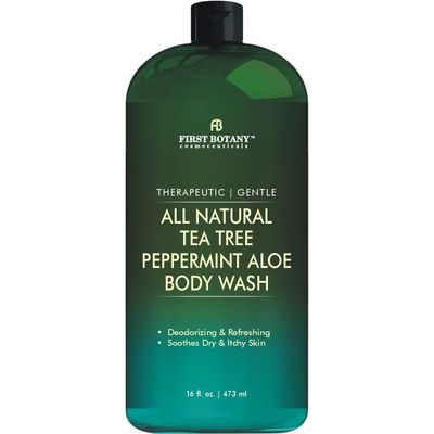 First Botany, ALL Natural Body Wash - Fights Body Odor, Athletes Foot, Jock Itch, Nail Issues, Dandruff, Acne, Eczema, Shower Gel for Women &amp; Men, Skin Cleanser -16 fl oz (Tea Tree Mint)