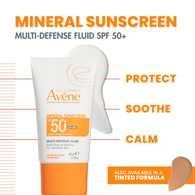 Eau Thermale Avne Solaire UV Mineral Multi-Defense Sunscreen Fluid SPF 50+ - Non-Whitening - Antioxidant &amp; Blue Light Protection - 1.7 fl. oz.