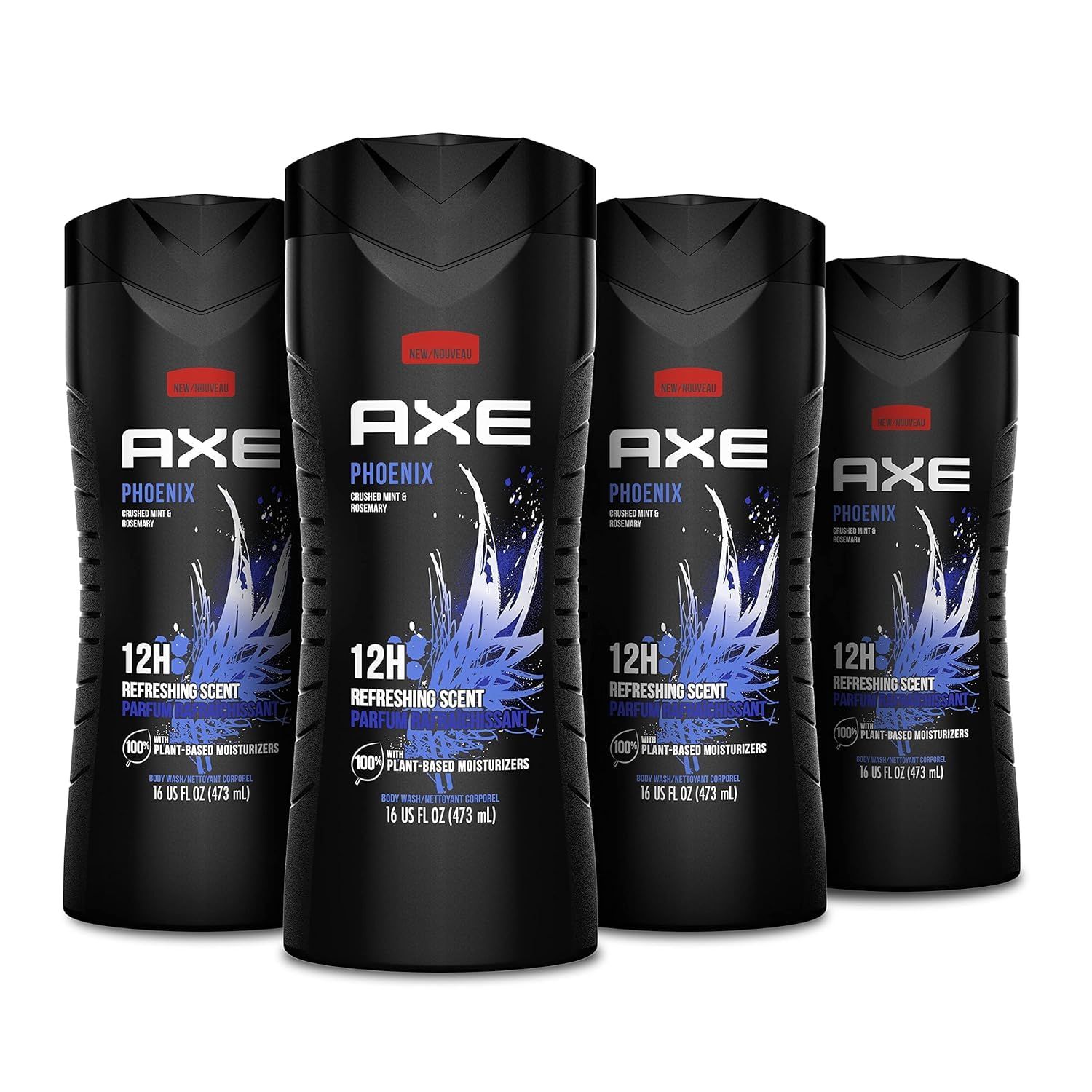 AXE Body Wash Phoenix 4 Count 12h Refreshing Scent Crushed Mint &amp; Rosemary Men&#39;s Body Wash with 100% Plant-Based Moisturizers 16 oz