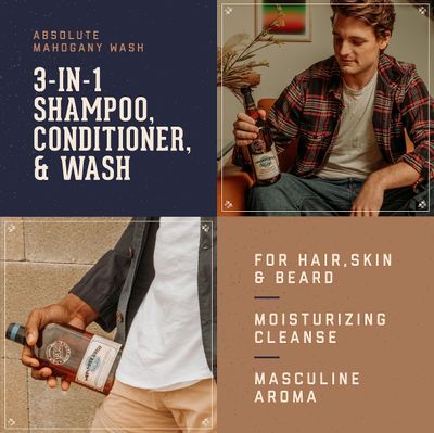 18.21 Man Made Original Absolute Mahogany 3-in-1 Body Wash, Shampoo, &amp; Conditioner for Men, All Hair &amp; Skin Types, Strengthens and Moisturizes in a Manly Aroma, 18 oz