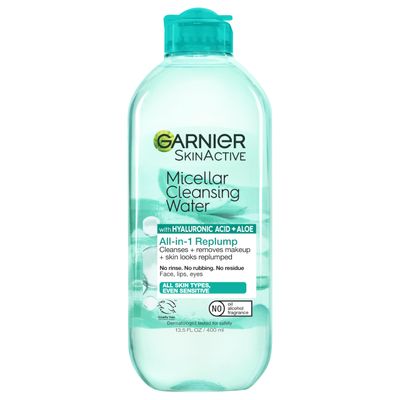Garnier Micellar Water with Hyaluronic Acid, Facial Cleanser &amp; Makeup Remover, Hydrating and Plumping, For All Skin Types, Vegan, Cruelty Free, 13.5 Fl Oz (400mL), 1 Count