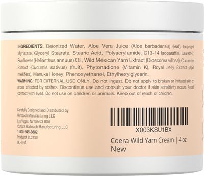 Coera Wild Yam Cream | 4 oz | Skin Moisturizer for Women | Free of Parabens, SLS and Fragrances