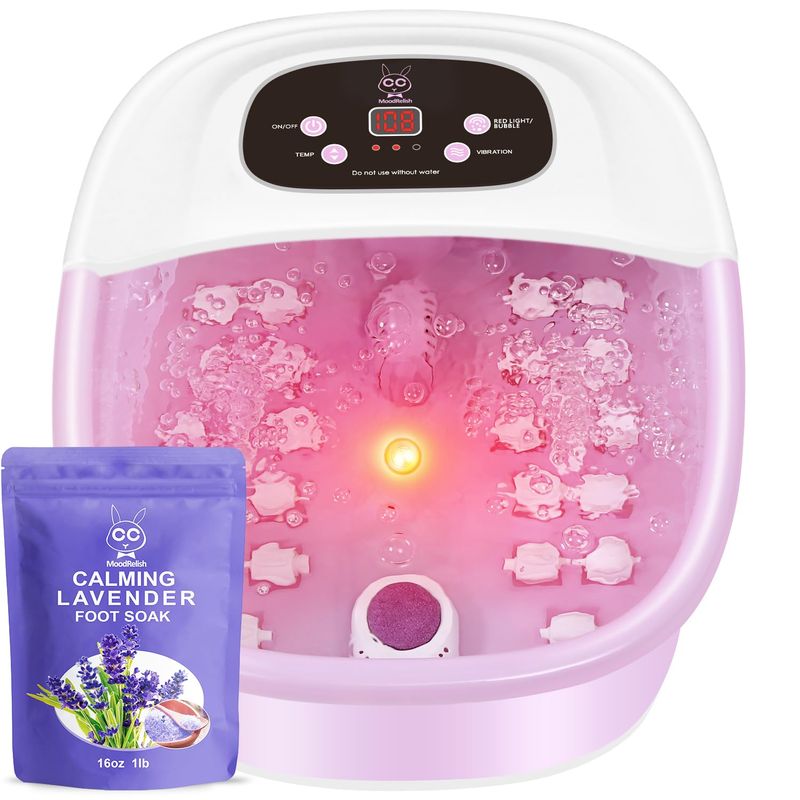 Foot Spa Bath Massager with Heat Bubbles and Vibration Massage and Jets, 16 OZ Calming Lavender Foot Soak Epsom Salt, Foot Soaker with Red Light, 22 Massage Rollers, Adjustable Temp - Pink