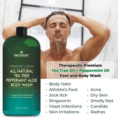 First Botany, ALL Natural Body Wash - Fights Body Odor, Athletes Foot, Jock Itch, Nail Issues, Dandruff, Acne, Eczema, Shower Gel for Women & Men, Skin Cleanser -16 fl oz (Tea Tree Mint)