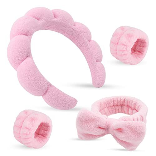 ATROCH Puffy Spa Headband &amp; Skincare Headbands for Women Makeup,Terry Cloth Towel Head Band for Skin Care,Sponge Make Up Hair Band for Girls,Face Wash Wristband Scrunchies Set 4 Pcs
