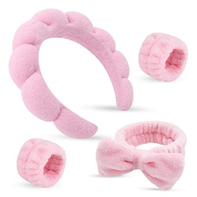ATROCH Puffy Spa Headband &amp; Skincare Headbands for Women Makeup,Terry Cloth Towel Head Band for Skin Care,Sponge Make Up Hair Band for Girls,Face Wash Wristband Scrunchies Set 4 Pcs