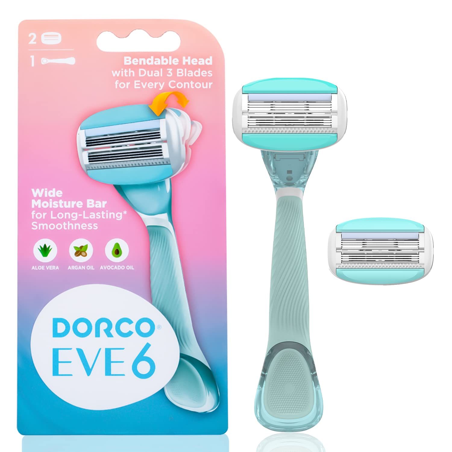 Dorco EVE6 Razors for Extra Smooth Shaving | 1 Razor Handle &amp; 2 Blade Refills | 6 Curved Blades with Flexible Aloe Vera Moisture Bar | Interchangeable Cartridges for Sensitive Skin