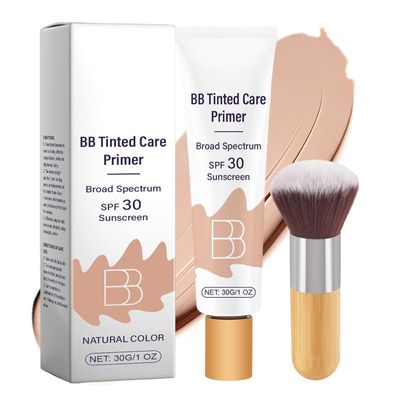 BB Tinted Moisturizer SPF 30, BB Tinted Care Primer, BB Tinted Care Primer with Brush, Full Coverage Light-Medium Skin Color Hydrating &amp; Smoothing (Natural*1 with Brush)