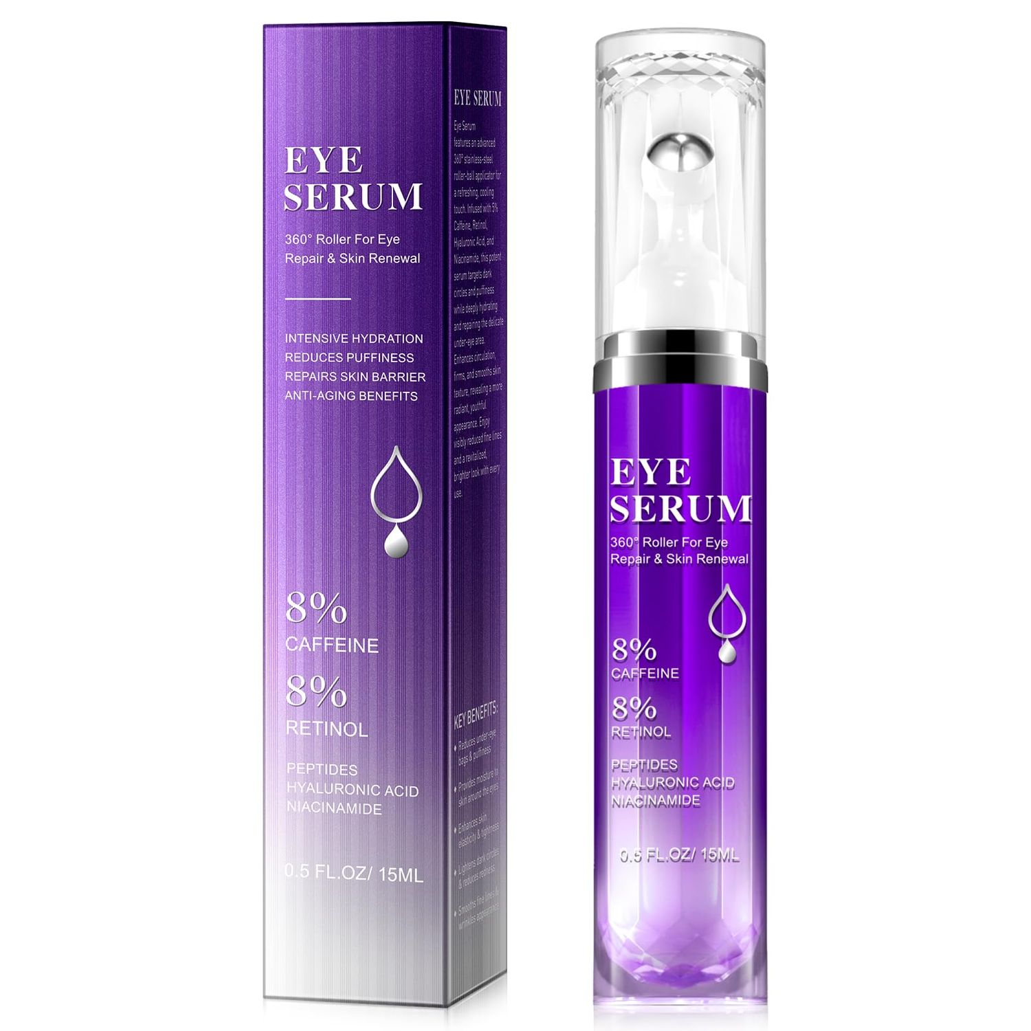 8% Caffeine Eye Cream &amp; Under Eye Serum for Dark Circles and Puffiness Eye Care Eye Roller Serum with 360 Massage Ball Eye Treatment Serum Under Eye Roller Cream for Women Reduce Wrinkles Fine Lines