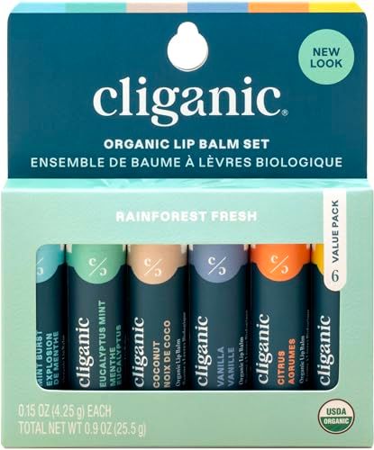Cliganic USDA Organic Lip Balm Set - 6 Flavors - 100% Natural Moisturizer for Cracked &amp; Dry Lips (Packaging May Vary)