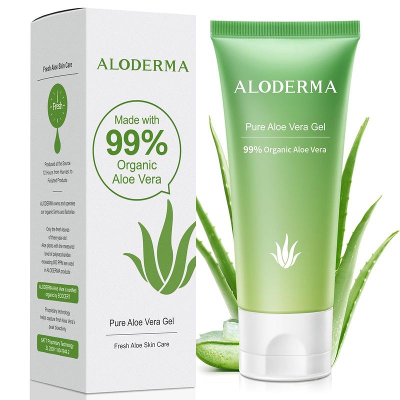 Aloderma 99% Organic Aloe Vera Gel Made within 12 Hours of Harvest, Refreshing Travel Size Aloe Vera Gel for Face &amp; Body, Cooling, Soothing Instant Relief for Skin &amp; Sunburn, Hydrating Aloe Gel, 1.5oz