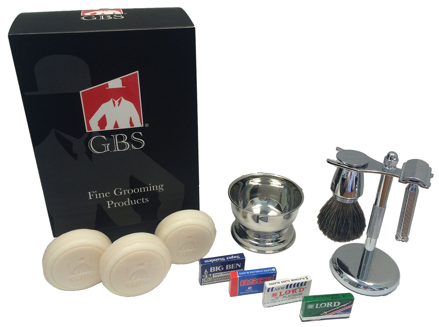 G.B.S Stylish Shaving Kit- For Mens Beard Traditional 42C Safety Razor, Badger Shaving Brush, Stainless Brush &amp; Razor Stand, Chrome Bowl, 3 Pack of Natural Shaving Soaps + 25 DE Razor Blades