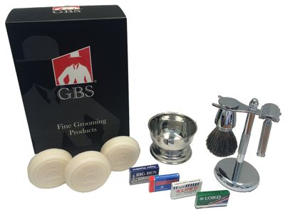 G.B.S Stylish Shaving Kit- For Mens Beard Traditional 42C Safety Razor, Badger Shaving Brush, Stainless Brush &amp; Razor Stand, Chrome Bowl, 3 Pack of Natural Shaving Soaps + 25 DE Razor Blades