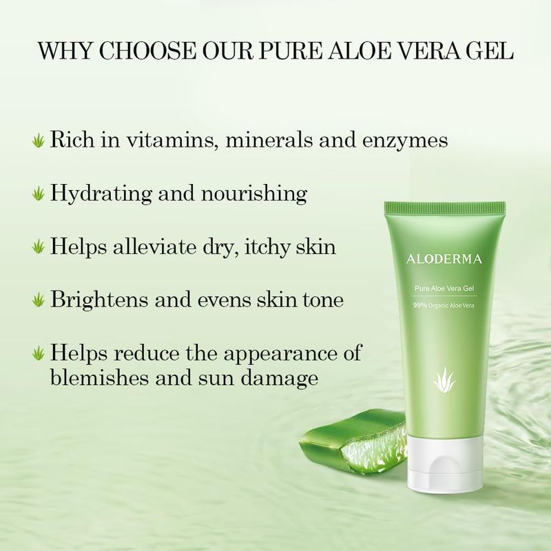 Aloderma 99% Organic Aloe Vera Gel Made within 12 Hours of Harvest, Refreshing Travel Size Aloe Vera Gel for Face &amp; Body, Cooling, Soothing Instant Relief for Skin &amp; Sunburn, Hydrating Aloe Gel, 1.5oz