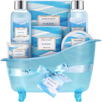 Bath and Body Gift Set for Women, Body &amp; Earth Ocean Gift Basket, 7 Pcs Bath Sets for Women Gift with Bubble Bath, Body Lotion, Scented Candle, Spa Kit for Women, Christmas Gifts for Mom