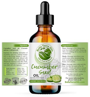 Bella Terra Oils - Cucumber Seed Oil 4oz - A Symphony of Nutrients &amp; Essential Fatty Acids, Cucumber's Gift for Lustrous Skin Brilliance