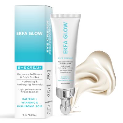 Ekfa Glow Eye Cream - Reduces Puffiness &amp; Dark Circles &amp; Wrinkles | Hydrating &amp; Anti-Aging Formula | Caffeine, Vitamin C &amp; Hyaluronic Acid | Light Yellow Cream with Avocado Fragrance,15ml