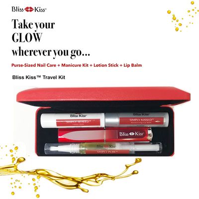 Bliss Kiss Nail Travel Manicure Kit - Great Gift Idea - Easy carry, to-go case to care for your nails, skin, and lips - Hydrating Nail and Cuticle Oil, Lotion Stick, Crystal Nail File, Lip Balm