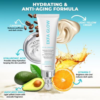 Ekfa Glow Eye Cream - Reduces Puffiness & Dark Circles & Wrinkles | Hydrating & Anti-Aging Formula | Caffeine, Vitamin C & Hyaluronic Acid | Light Yellow Cream with Avocado Fragrance,15ml