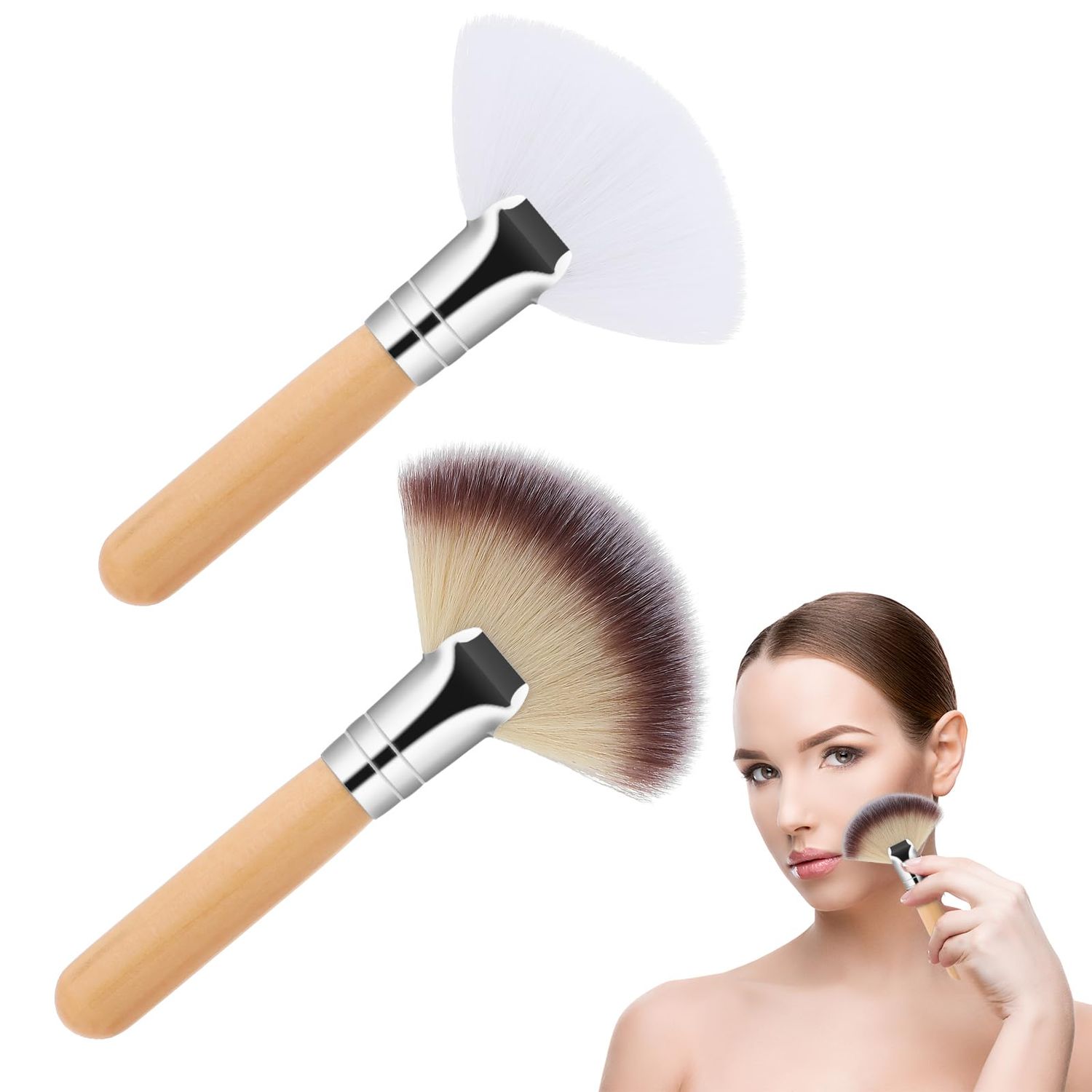 2Pcs Fluffy Fan Brushes for Facials, Fan Makeup Brush Esthetician Facial Applicator Brushes Face Makeup Tools, Soft Blush Brush Bristle Face Highlighting with Handle for Powder Blush Body Powder Brush