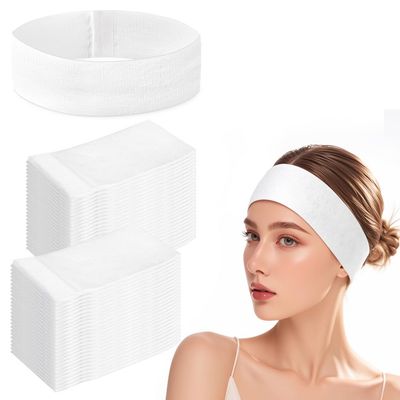 50PCS Disposable Spa Facial Headbands Elastic Non-woven Headband with Magic Tape Stretch Soft Skin Care Hair Band with Straps for Salons Supplies White