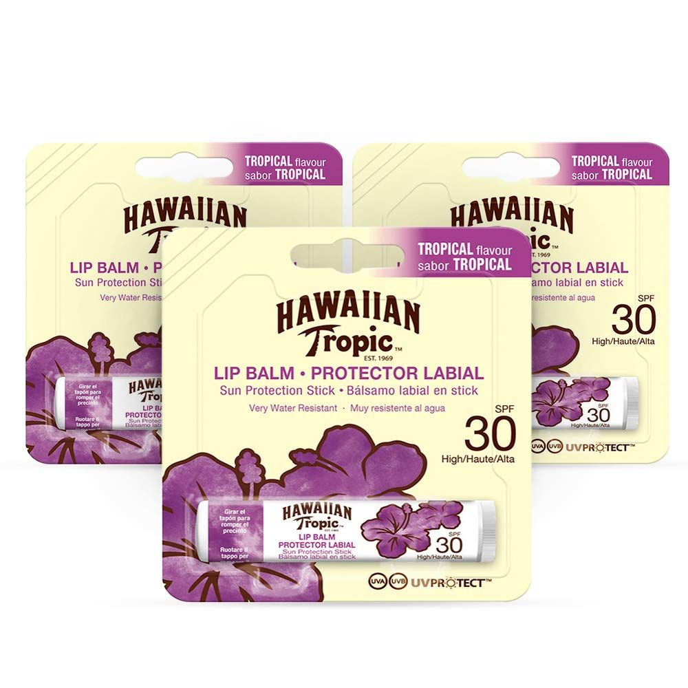 Hawaiian Tropic Lip Balm Pack of 3 - Sunscreen Lip Balm SPF 30, Tropical Flavor, 4 g