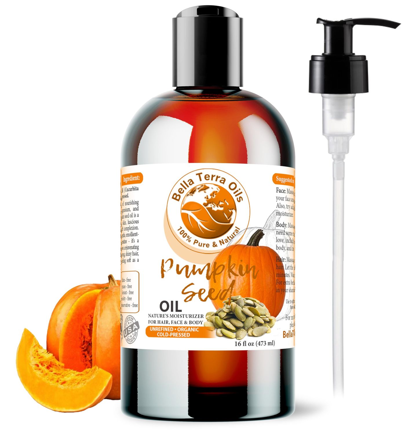 Bella Terra Oils - Organic Pumpkin Seed Oil 16oz - An Ode to Organic Pumpkin's Nutrient Array, Packed with Cucurbitin &amp; Essential Amino Acids, A Skin's Cherished Elixir
