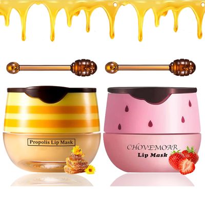 2 PCS Bee Lip Balm Honey Pot, Honey &amp; Strawberry Lip Mask Vitamin E &amp; Moisturizing Propolis Sleeping Lip Mask Prevention Dry and Cracked Lip Scrubs Exfoliator, Christmas Gifts