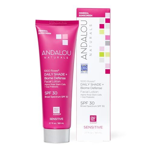 Andalou Naturals Daily Shade Face Sunscreen, 1000 Roses, SPF 30 Mineral Sunscreen with Zinc Oxide, Skin Barrier Defense + Broad Spectrum Protection, Gentle &amp; Soothing, for Sensitive Skin - 2.7 Fl Oz