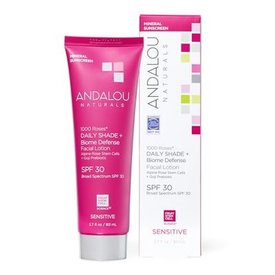 Andalou Naturals Daily Shade Face Sunscreen, 1000 Roses, SPF 30 Mineral Sunscreen with Zinc Oxide, Skin Barrier Defense + Broad Spectrum Protection, Gentle &amp; Soothing, for Sensitive Skin - 2.7 Fl Oz