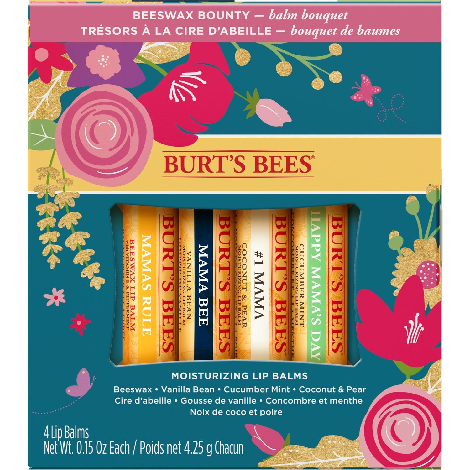 Burt&#39;s Bees Gifts, 4 Lip Balm Products, Balm Bouquet Spring Set - Classic Beeswax, Vanilla Bean, Cucumber Mint &amp; Coconut Pear (4 Pack)