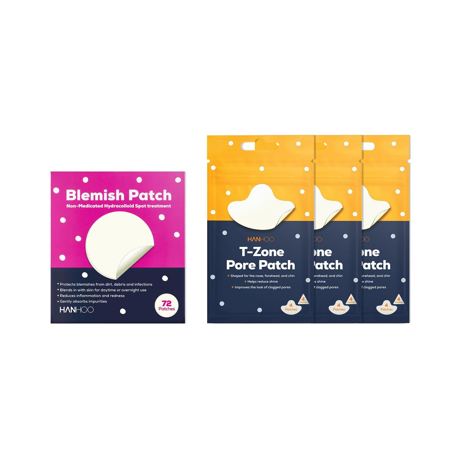 Hanhoo Blemish Patch and T-Zone Pore Patch Bundle, 96 Total Patches, Hydrocolloid Patches for Clogged Pores and Pimples, Shrinks Pimples, Blackhead and Acne Treatment, Korean Skincare