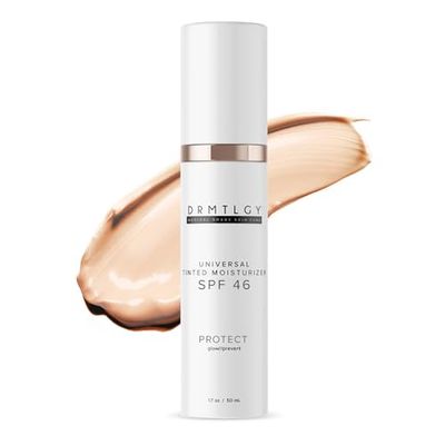 DRMTLGY Anti-Aging Tinted Moisturizer with SPF 46. Universal Tint. All-In-One Light Coverage Sheer Tinted Face Sunscreen with Broad Spectrum Protection Against UVA and UVB Rays. 1.7 oz