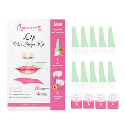 Beauty7 Lip Wax Strips Kit Facial Wax Strips- 20 pcs Lip Strips+ 4 Soothing Oil Wipes for Facial Hair Removal Ideal for All Skin Types for Women