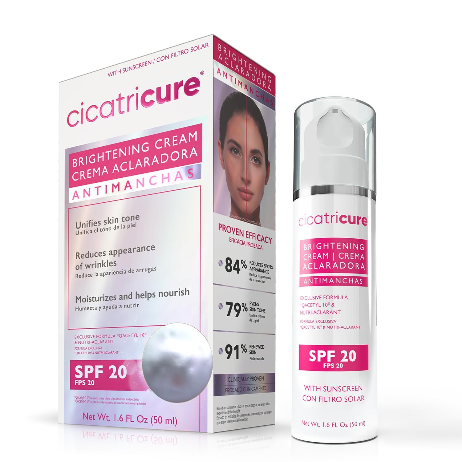 Cicatricure Brightening Facial Moisturizer, 3-in-1 Face Cream with Anti-Wrinkle Q Acetyl 10 &amp; Nutri-Aclarant, SPF 20, Brighten &amp; Even Skin Tone 1.6 fl oz