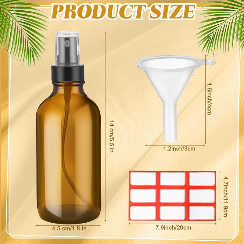 Fumete 2 Pack Glass Bottles 4oz Empty Bottle Refillable Liquid Containers with 1 Label 1 Funnel for Essential Oils Hair Travel Plants Cleaning Skin Care(Amber, Black Top,Mist Bottle)