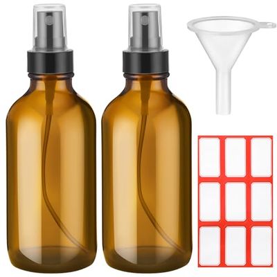 Fumete 2 Pack Glass Bottles 4oz Empty Bottle Refillable Liquid Containers with 1 Label 1 Funnel for Essential Oils Hair Travel Plants Cleaning Skin Care(Amber, Black Top,Mist Bottle)