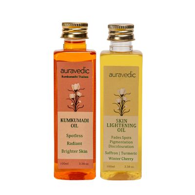 Auravedic Kumkumadi Oil &amp; Skin Oil Combo | Saffron, Turmeric and Winter Cherry Infused Face Moisturizer | Hydrating &amp; Moisturizing | for All Skin Types | 3.38Fl Oz (100ml)