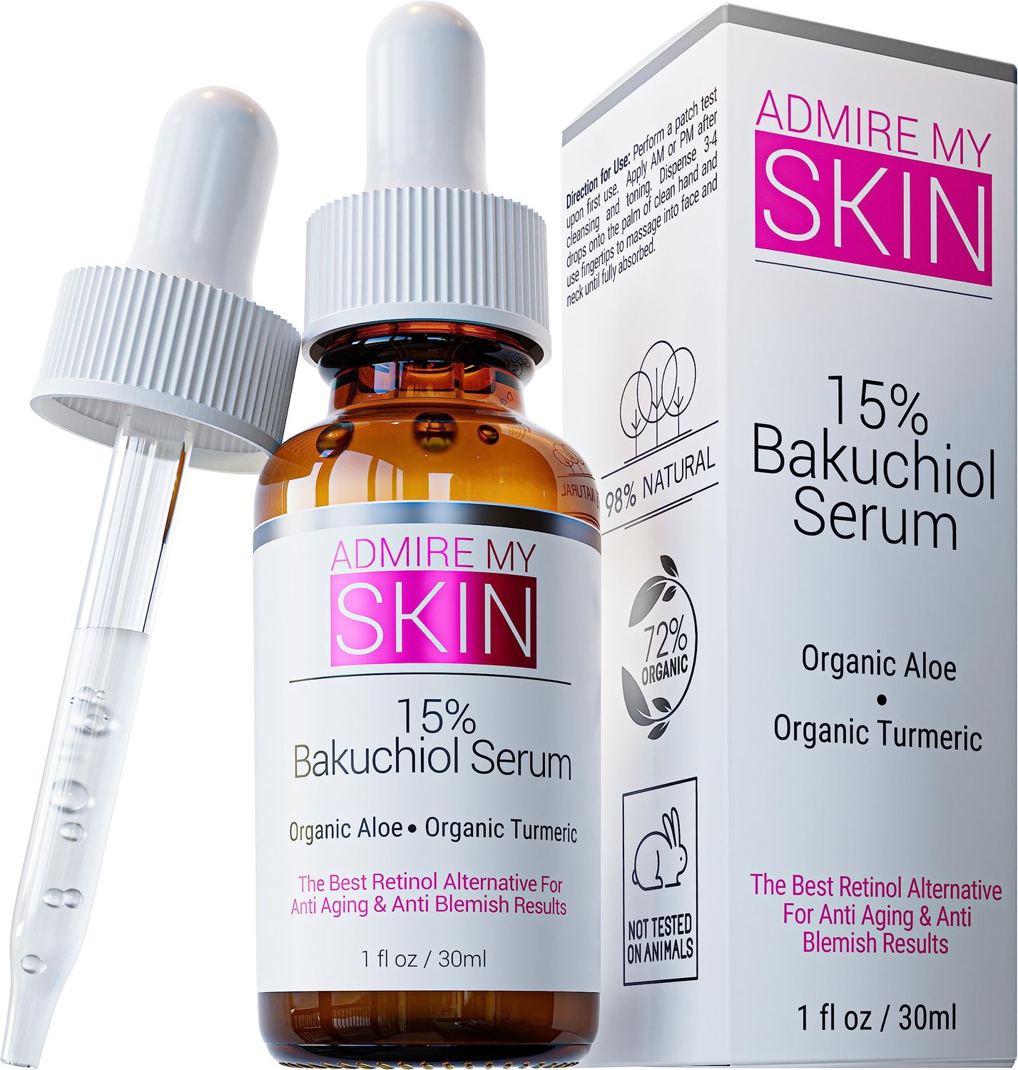 Admire My Skin Bakuchiol Serum Natural Retinol Serum Alternative for Face - Anti Blemish Anti Aging Facial Serum Contains Organic Aloe + Turmeric 1oz