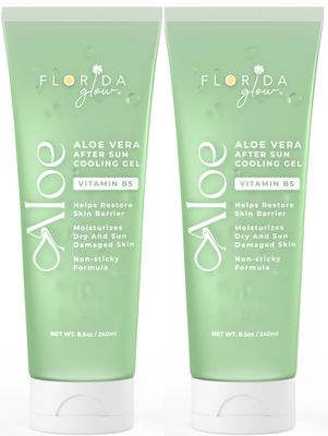 Aloe Vera After Sun Gel by Florida Glow - Pack of 2 Organic Aloe Vera Gel for Sunburn Relief - 98% Pure Aloe Vera Moisturizer for Face, Skin - Enriched with Vitamin B5 Non-Sticky Xanthan Free