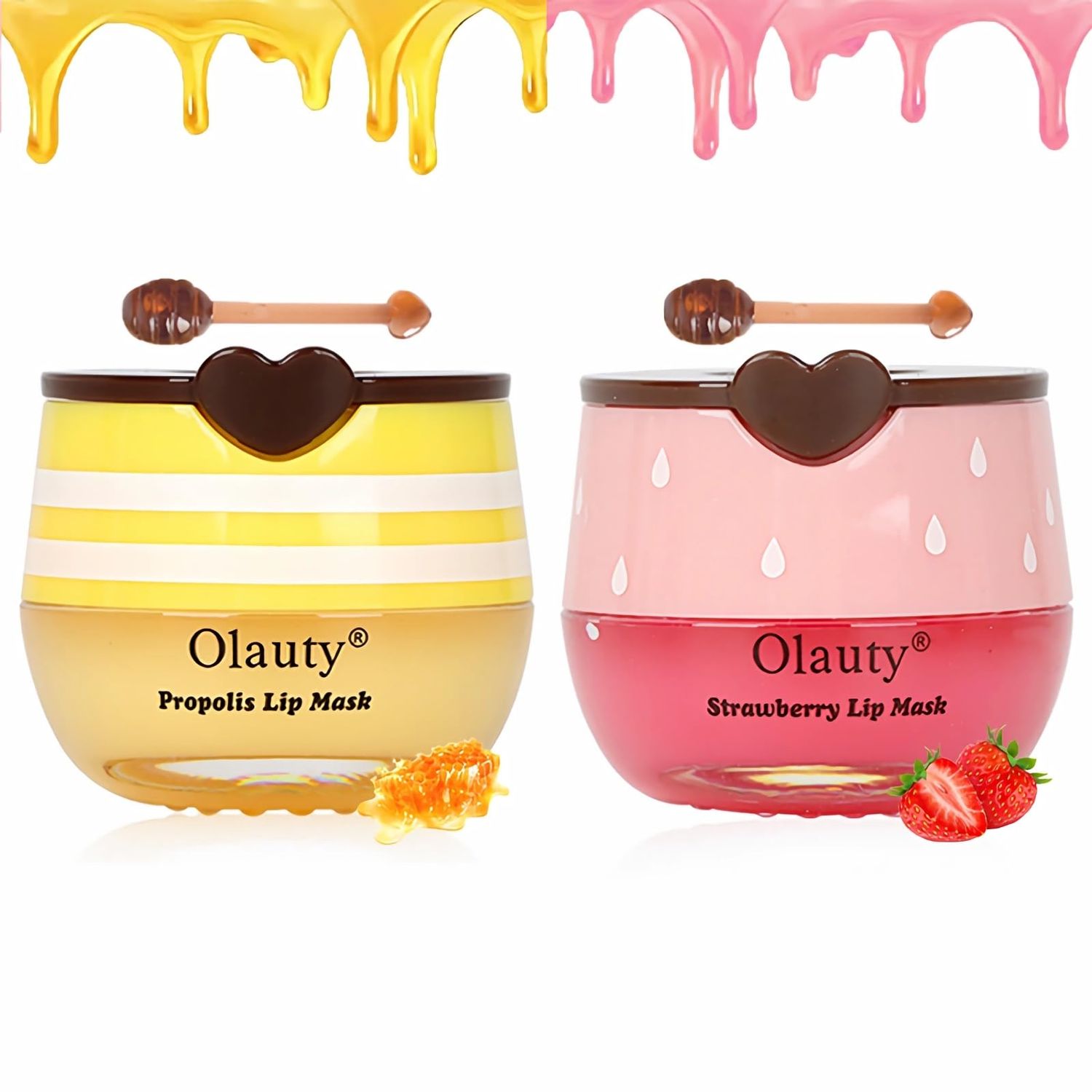 Deepmind 2 PCS Bee Lip Balm Lip Mask Honey Pot, Honey &amp; Strawberry Lip Mask Propolis Moisturizing Lip Balm with Stick - Hydrating Prevention Dry and Cracked Lip Scrubs Exfoliato Lip Wrinkle Care