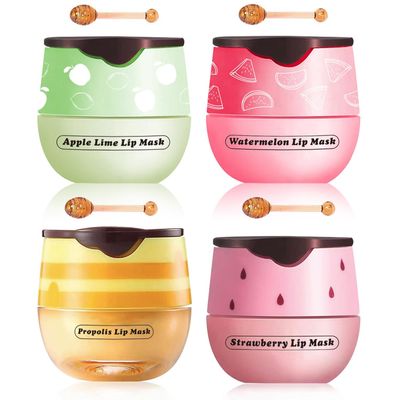 4 Packs Fruit Mask Lip Balm Honey Pot, Vitamin E Lip Masks &amp; Moisturizing Propolis Sleeping Lip Mask, Effective Reduces Lip Lines Prevention Dry Lip Care