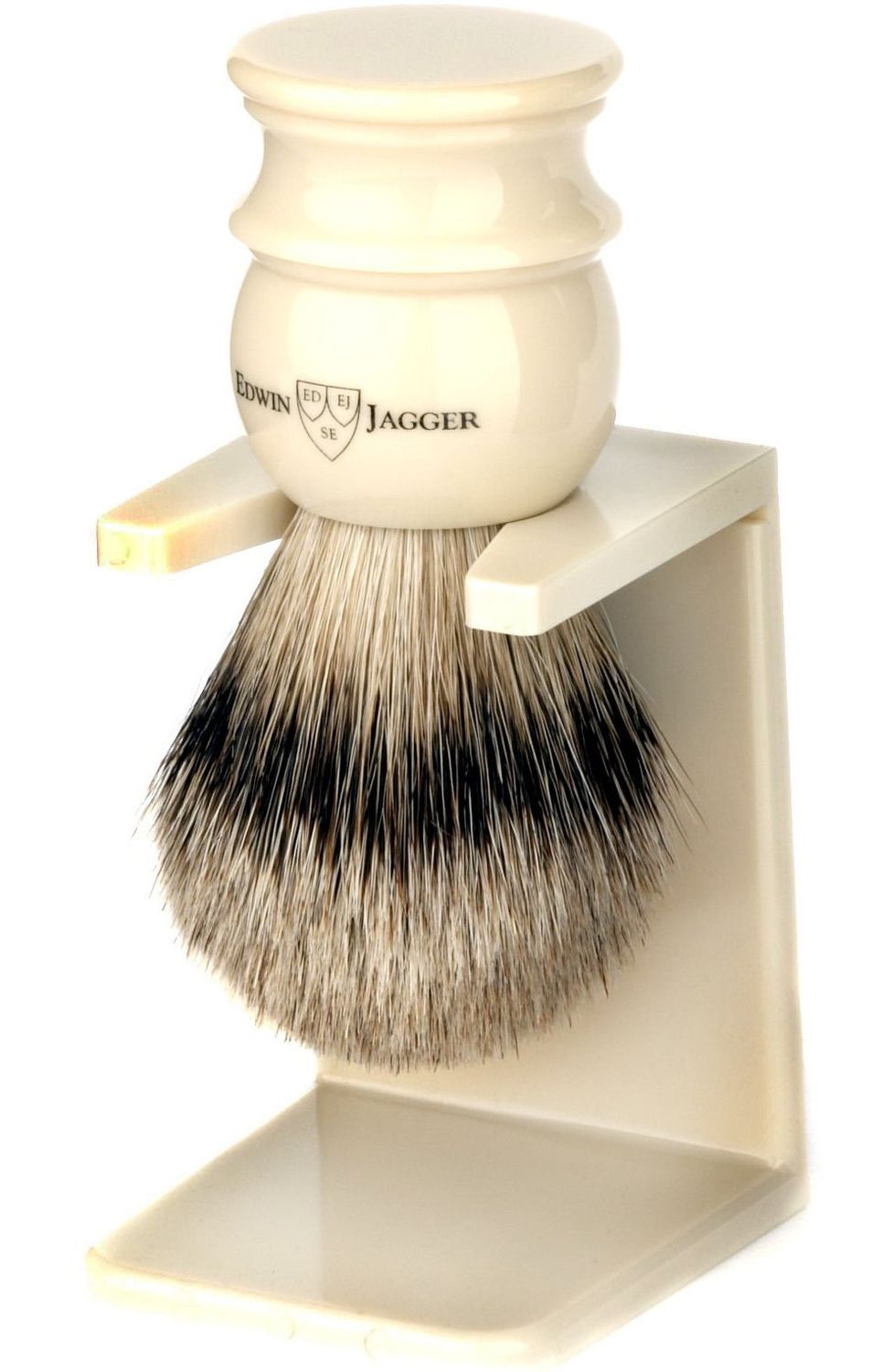 Edwin Jagger Large Silver Tip Badger Hair Shaving Brush with Drip Stand (Imitation Ivory)