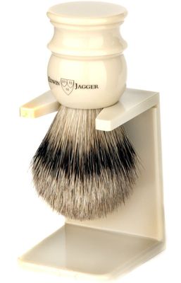 Edwin Jagger Large Silver Tip Badger Hair Shaving Brush with Drip Stand (Imitation Ivory)