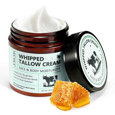 Beef Tallow for Skin, Whipped Tallow and Honey Balm for Face, Grass Fed &amp; Organic Tallow Face Moisturizer Lip Balm, Deeply Moisturizing for Face &amp; Body, 120g/4.2 oz
