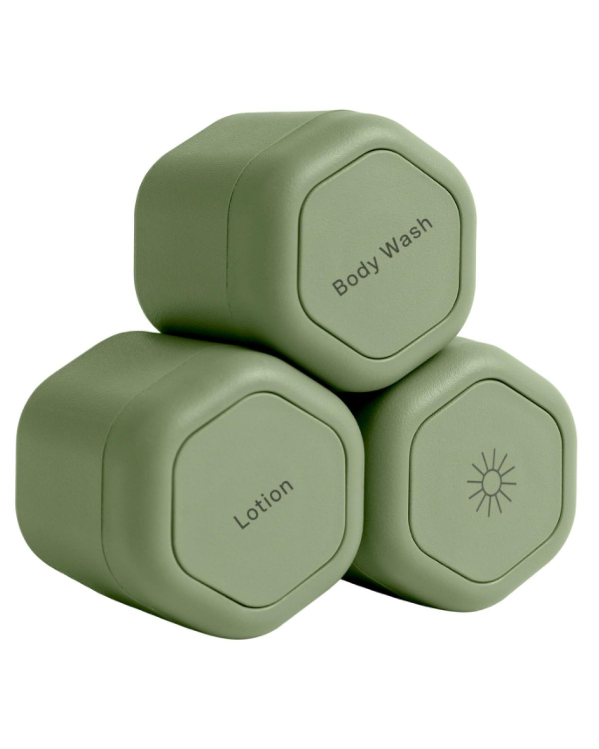 Cadence Travel Containers - Body Care Capsule Set - Magnetic Travel Capsules - For Body Wash, Lotions, Sunscreens - 3 Flex Mediums (1.32oz) with Body Wash, Lotion, &amp; Sun Icon Labels - Eucalyptus