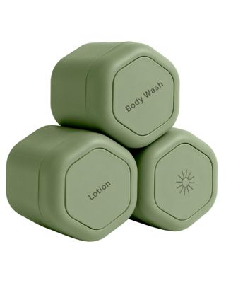 Cadence Travel Containers - Body Care Capsule Set - Magnetic Travel Capsules - For Body Wash, Lotions, Sunscreens - 3 Flex Mediums (1.32oz) with Body Wash, Lotion, &amp; Sun Icon Labels - Eucalyptus