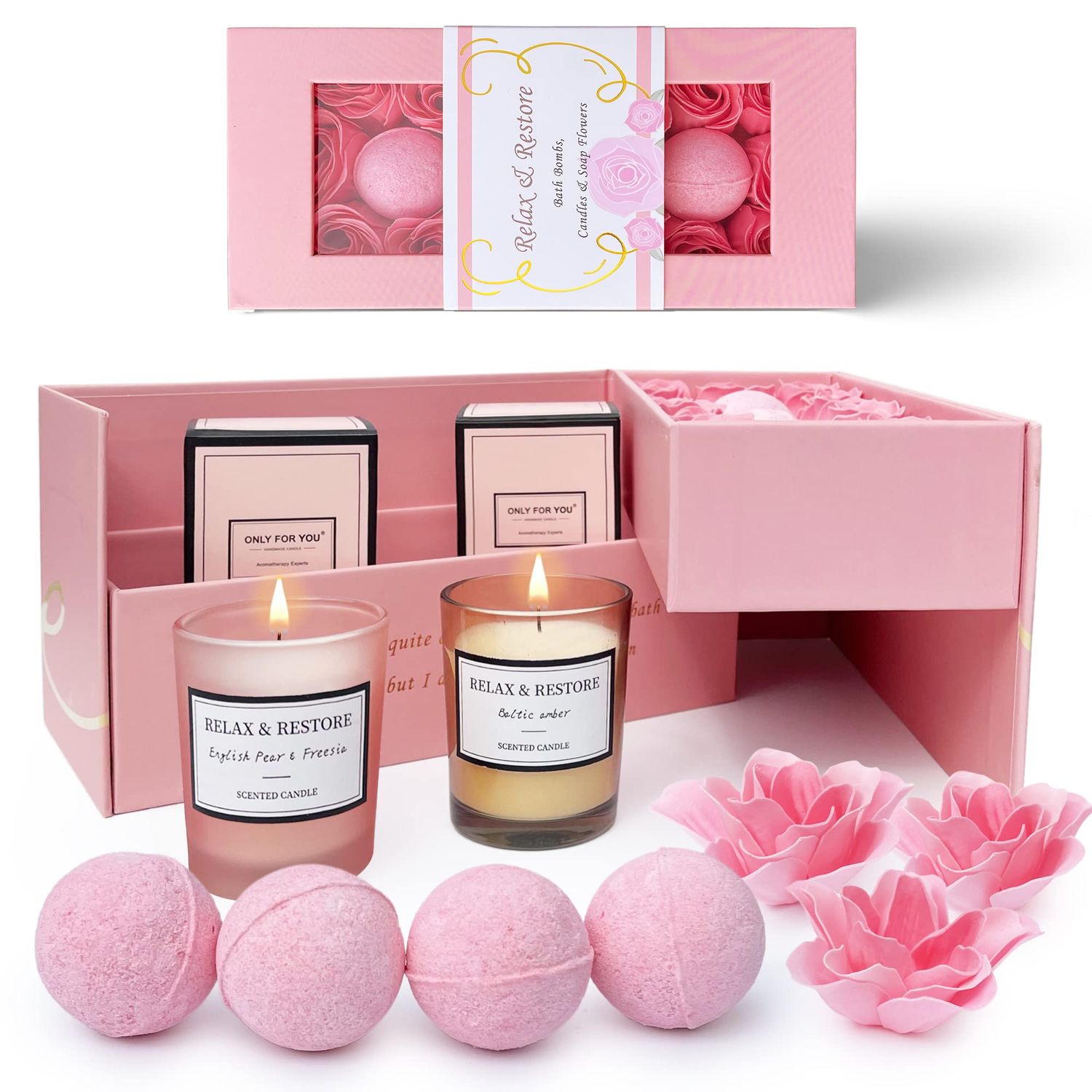 Empire Scented Candles &amp; Bath Bombs Set, Gifts for Women, Birthday Gifts for Her, 20pcs Set Gifts for Her, Birthday Gift for Women with Rose Scented Soap Flowers